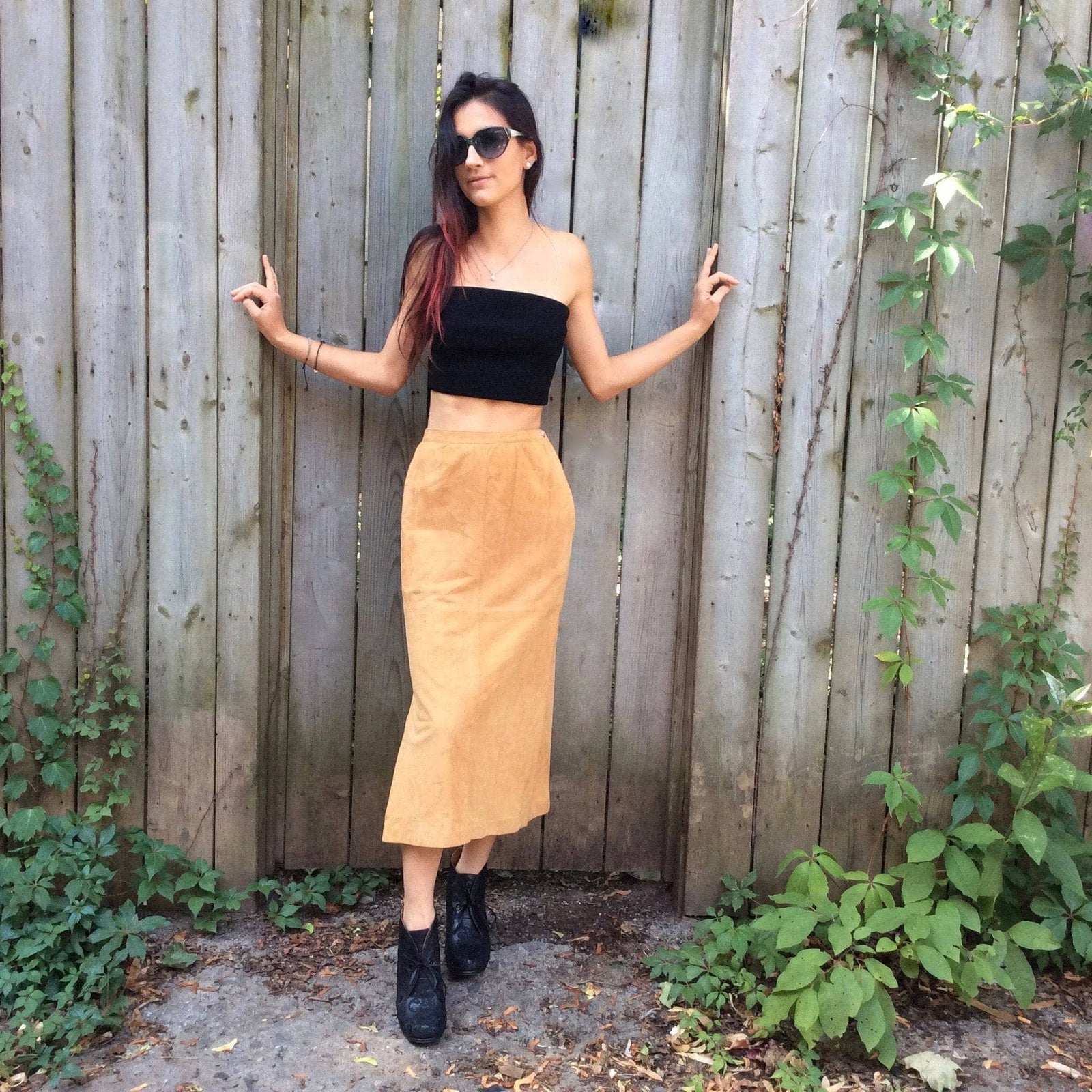 1980s Straight Cut Midi Length Leather Skirt Boheme Vintage Boheme Vintage