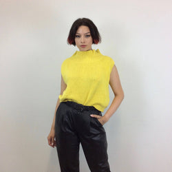  1980s Sleeveless Cropped Knitted Yellow Top with cut-out back , high collar, made in Italy, United Colors of Benetton