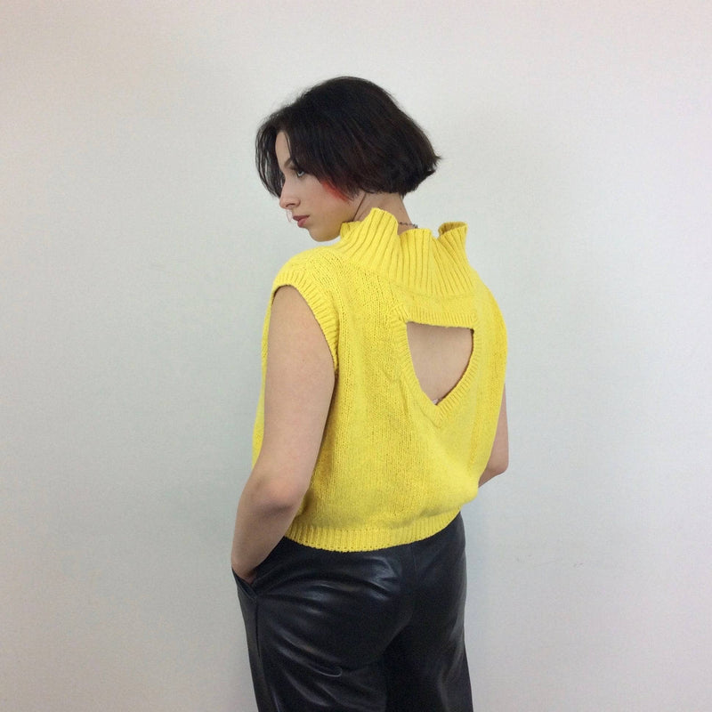 1980s Sleeveless Cropped Knitted Yellow Top with cut-out back , high collar, made in Italy, United Colors of Benetton