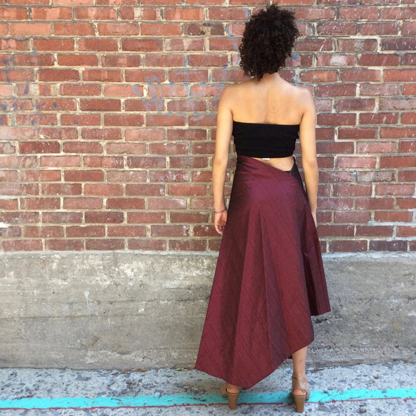 Back View of 1990s 2000s "Marie Saint Pierre" Asymmetrical Long A-Line skirt Size Small, sold by bohemevintage.com Montreal