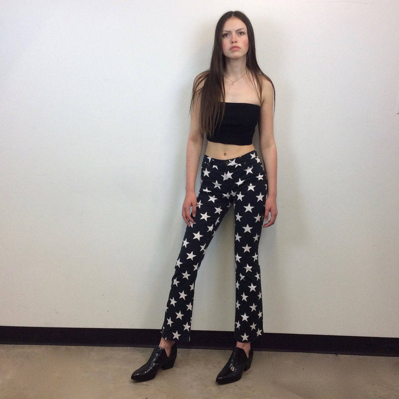 1990s-2000s Designer Star Print Low Waist Pants , MOSCHINO, Size Small, Flared Stretchy Pants