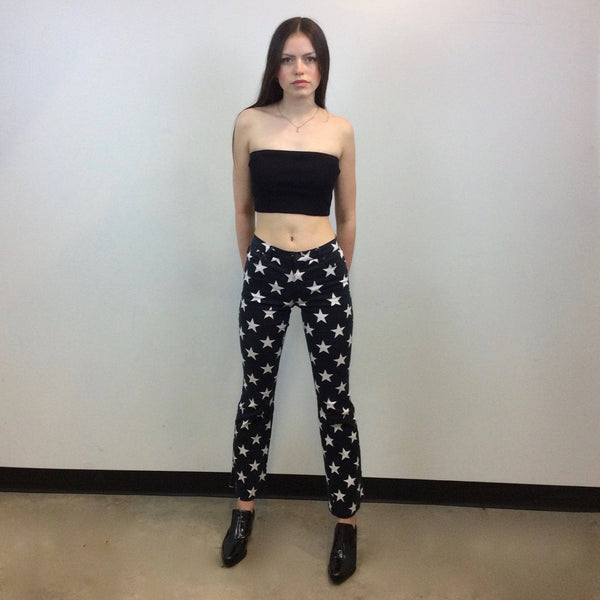 1990s-2000s Designer Star Print Low Waist Pants , MOSCHINO, Size Small, Flared Stretchy Pants 
