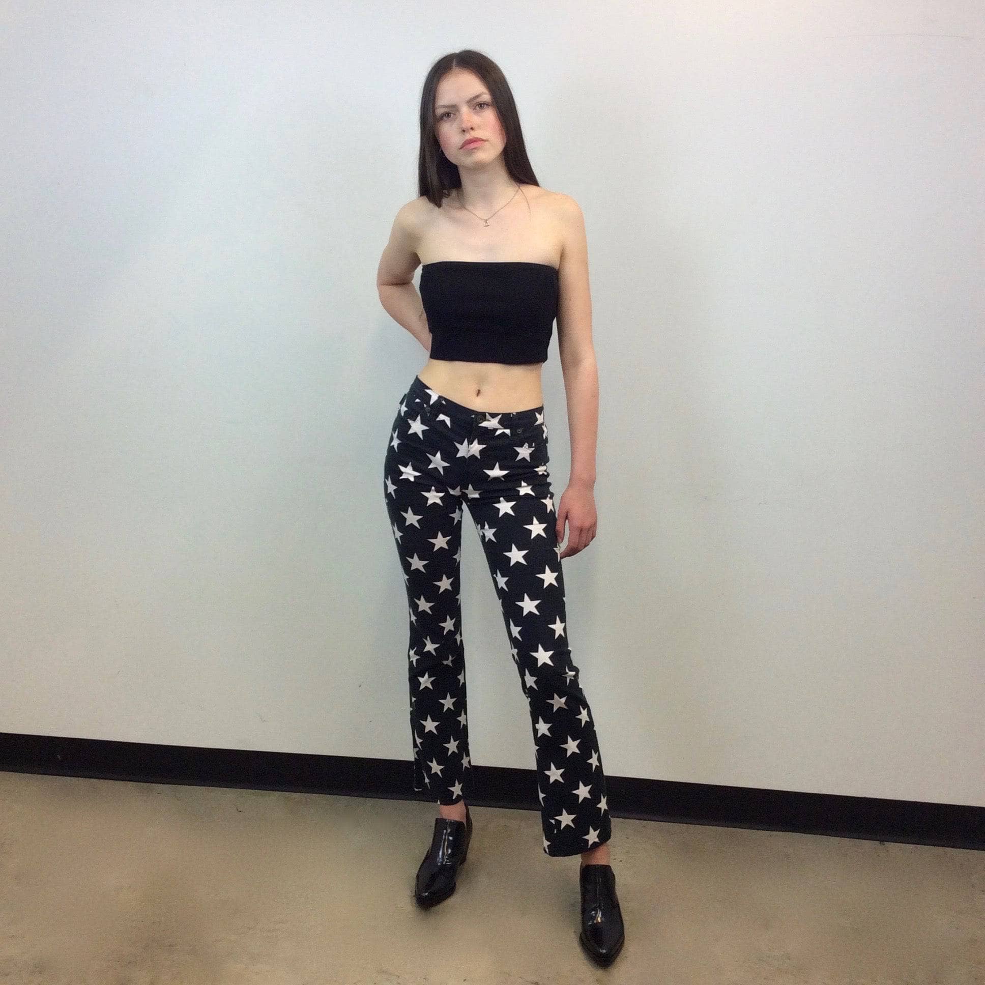 1990s-2000s Designer Star Print Low Waist Pants , MOSCHINO, Size Small, Flared Stretchy Pants