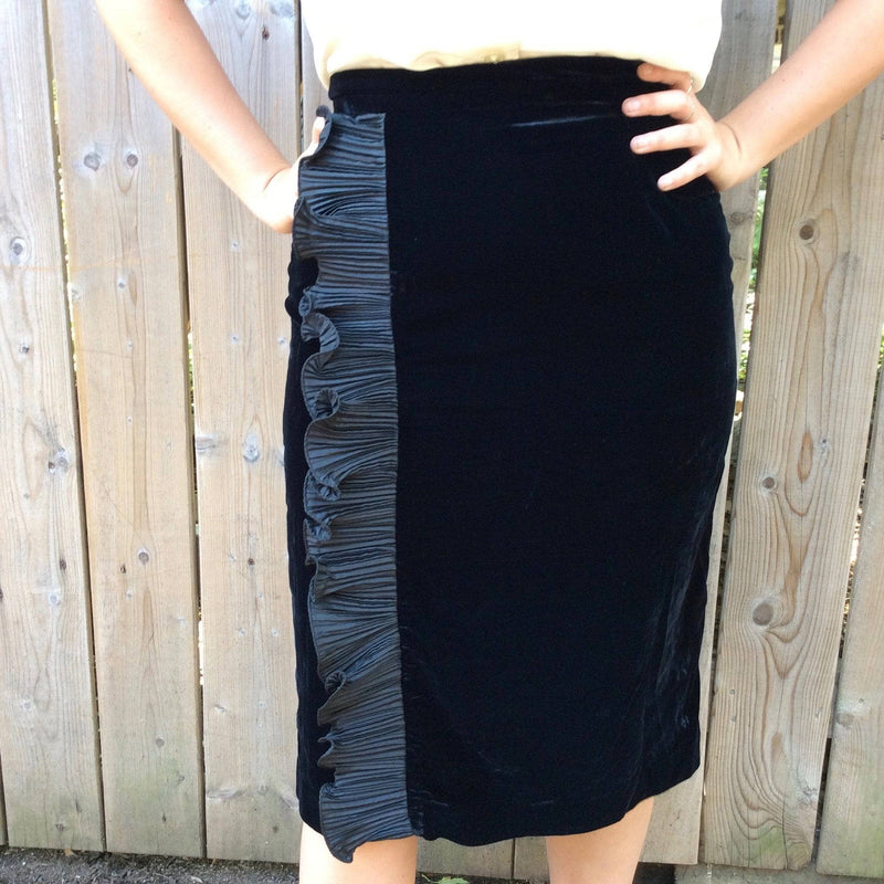 Close up of 1990s Black Velvet Skirt with Ruffles size Medium sold by bohemevintage.com