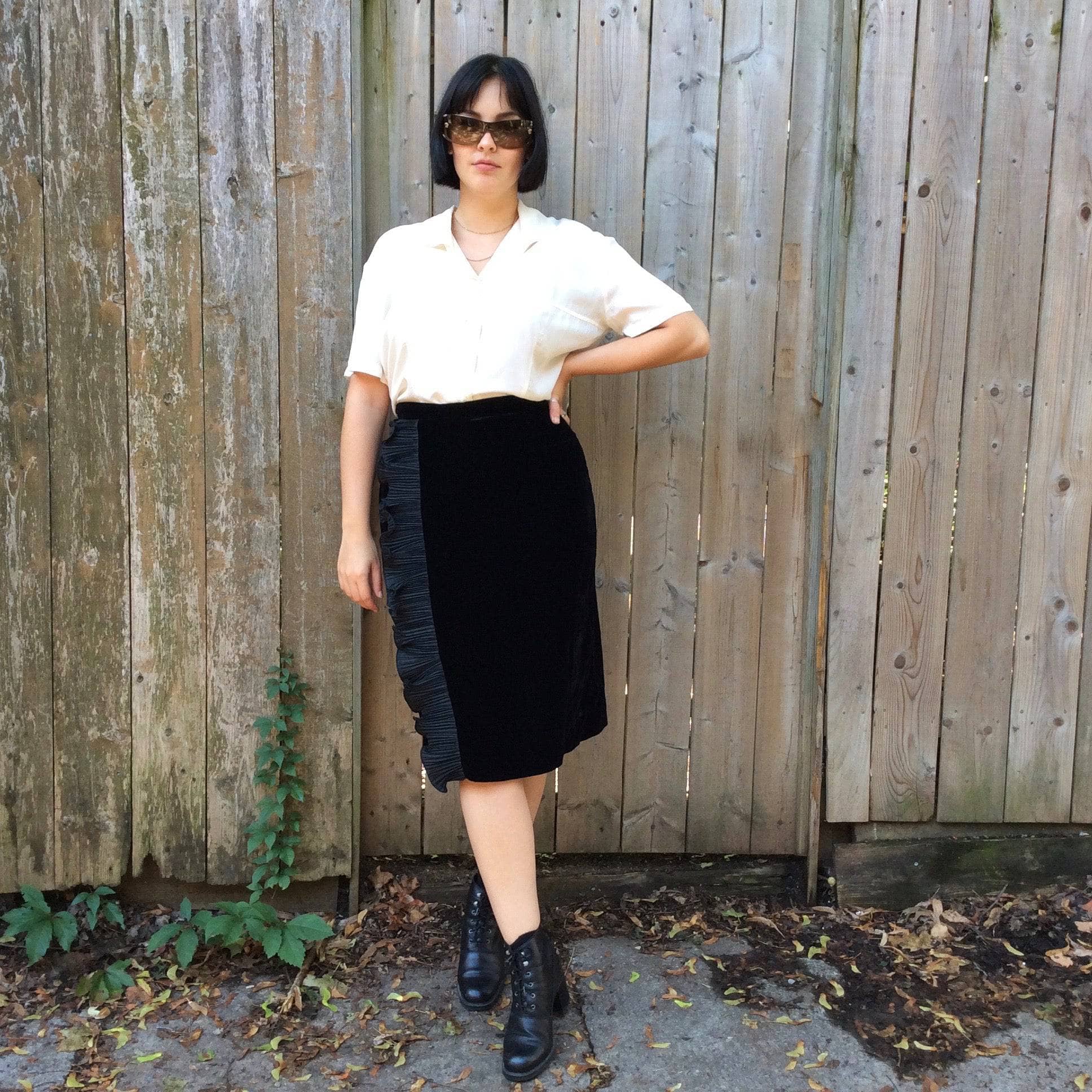 1990s  Black Velvet Skirt with Ruffles size Medium sold by bohemevintage.com