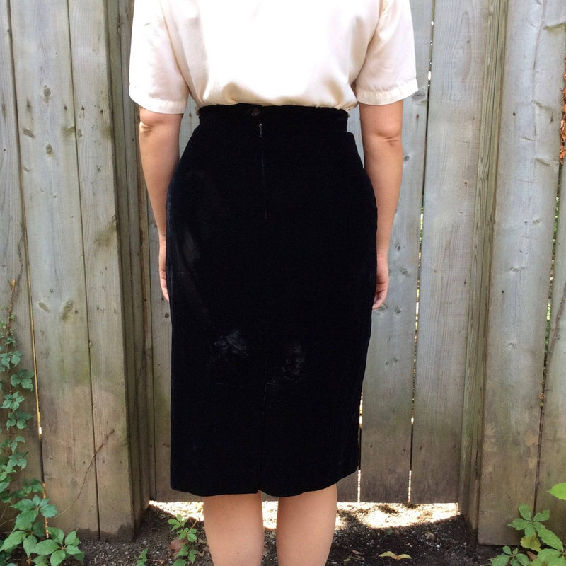 Back view of 1990s Black Velvet Skirt with Ruffles size Medium sold by bohemevintage.com