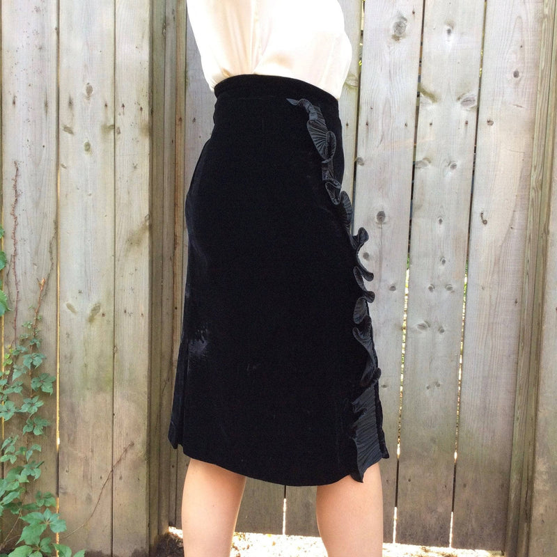 Side view of 1990s Black Velvet Skirt with Ruffles size Medium sold by bohemevintage.com