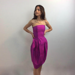 Front and side view of 1990s Charlotte Halton Fuchsia Silk Bustier Dress  size extra-Small sold at bohemevintage.com Montreal