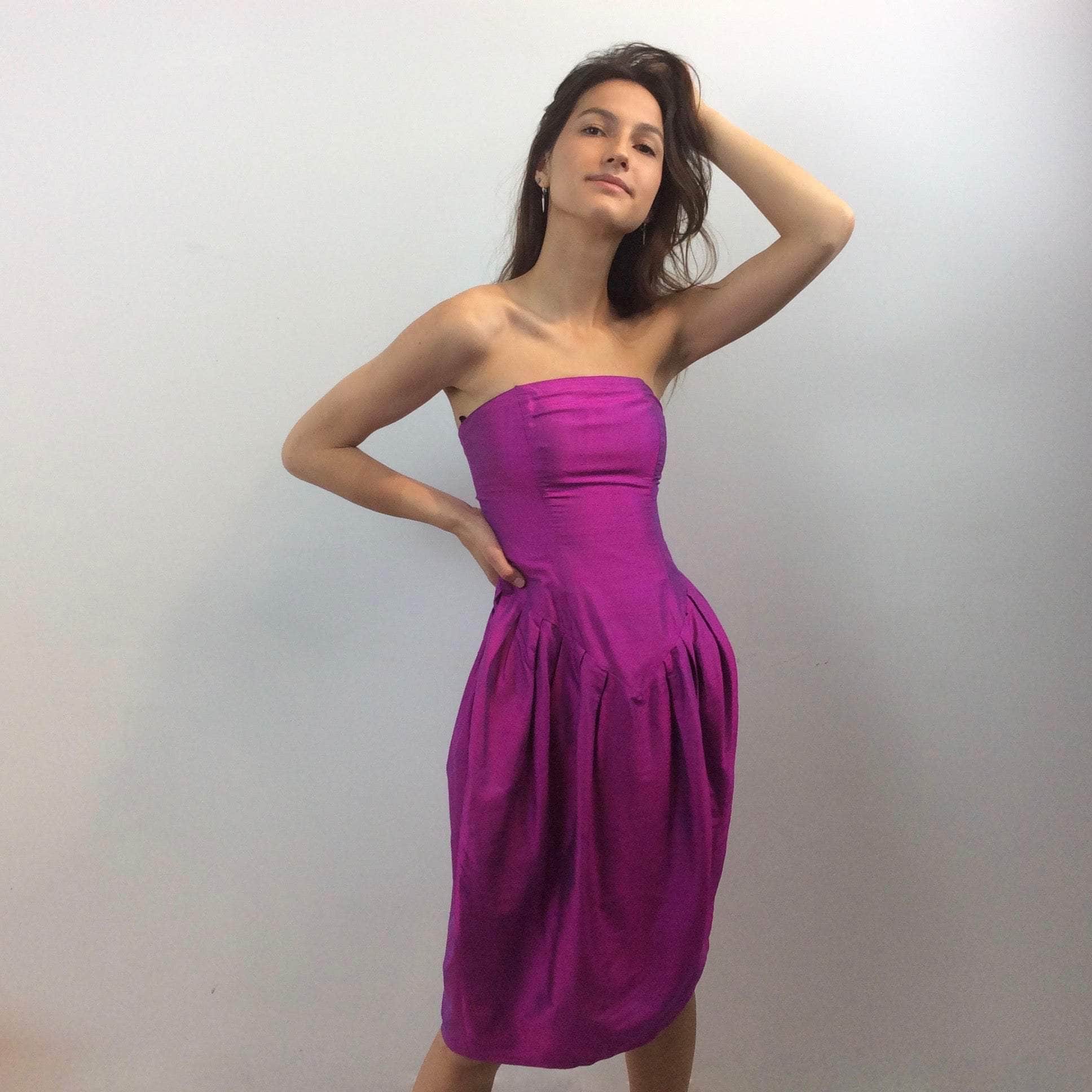 Front and side view of 1990s Charlotte Halton Fuchsia Silk Bustier Dress size extra-Small sold at bohemevintage.com Montreal