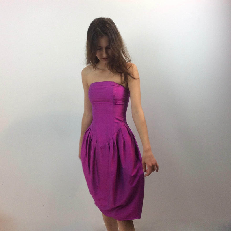 Front and side view of 1990s Charlotte Halton Fuchsia Silk Bustier Dress size extra-Small sold at bohemevintage.com Montreal