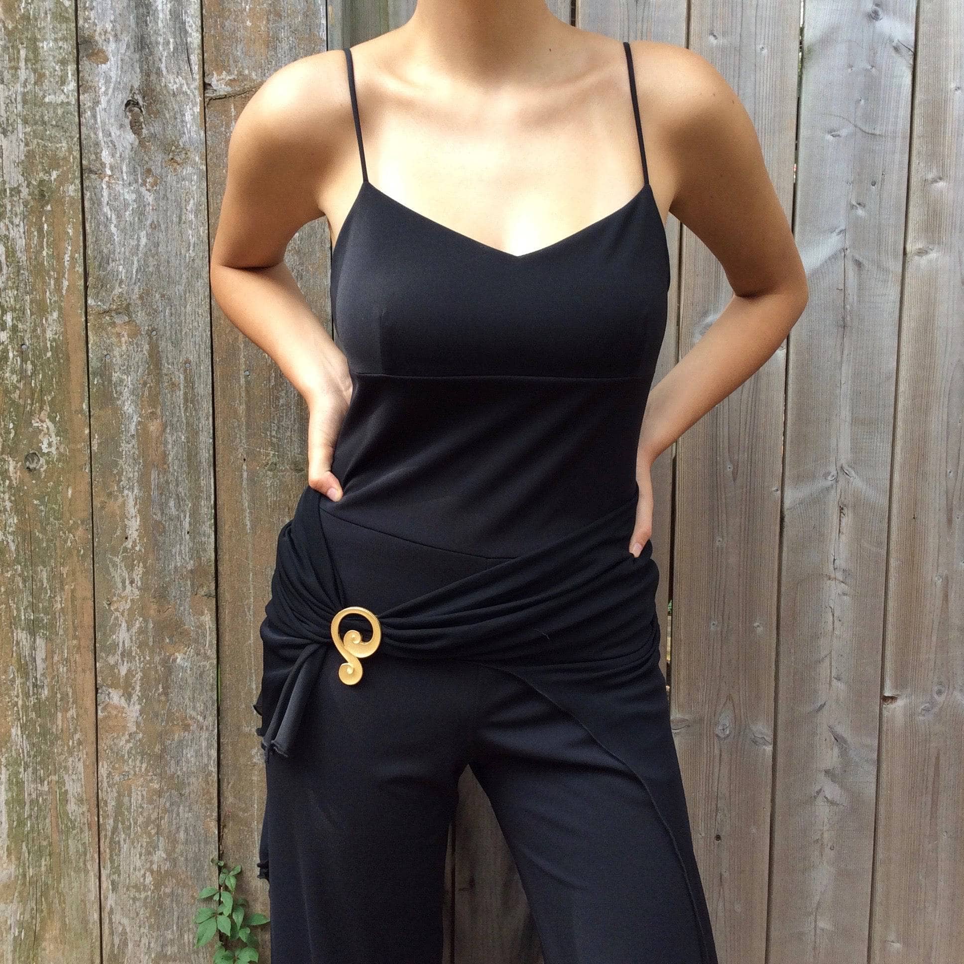 Close-Up of 1990s "Algo" Dressy Wide leg black jumpsuit size Medium, sold by bohemevintage.com Montreal