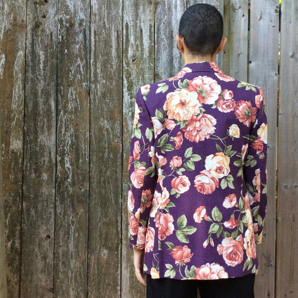 Back View of 1990s Eggplant Colour Floral Print Blazer, sold by bohemevintage.com Montreal
