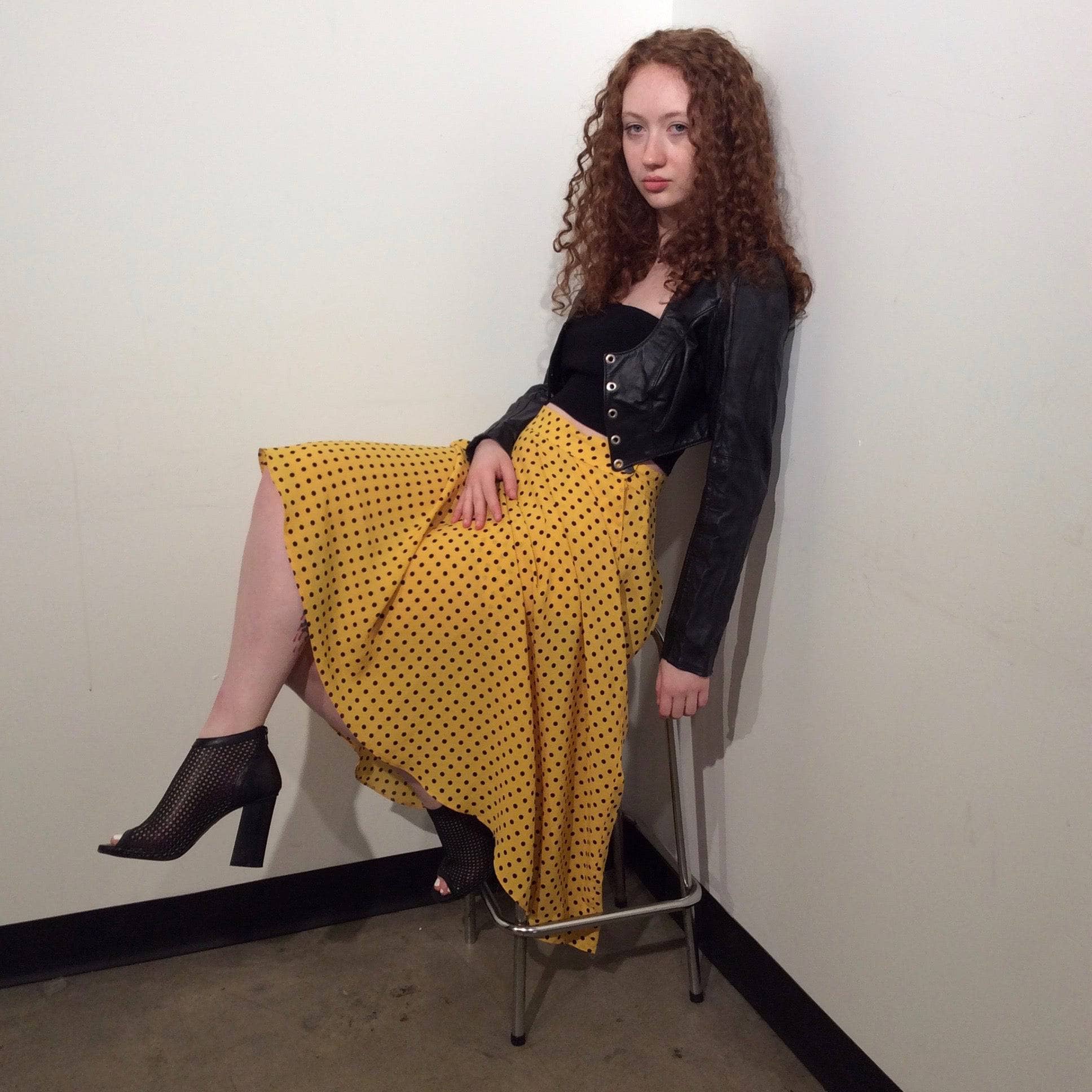 1990s | Midi Length Yellow Polka Dot Flowy Skirt | Franck Olivier