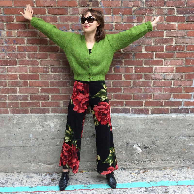 Front View of 1990s High Waisted Bold Floral Print Palazzo Pants by Frank Lyman Sold at bohemevintage.com Montreal