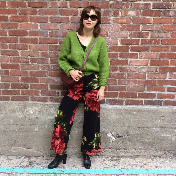 Front View of 1990s High Waisted Bold Floral Print Palazzo Pants by Frank Lyman Sold at bohemevintrage.com Montreal