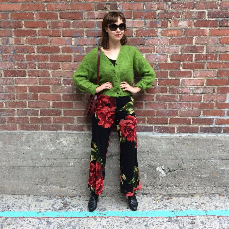 Front View of 1990s High Waisted Bold Floral Print Palazzo Pants by Frank Lyman Sold at bohemevintage.com Montreal