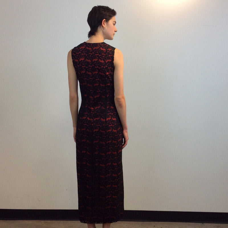 Back view of 1990s Sleeveless Front Slit Maxi Length Black Lace Sheath Dress, Size Small sold by Boheme Vintage Montreal