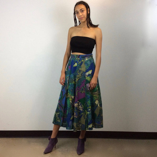 1990s Geiger Midi Length Bold Print Pleated lightweight wool Skirt Size Small Medium sold by Bohemevintage.com Montreal