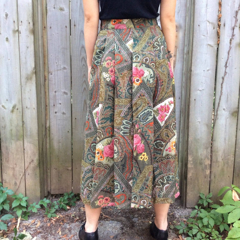 Light weight wool patchwork print pleated midi length skirt