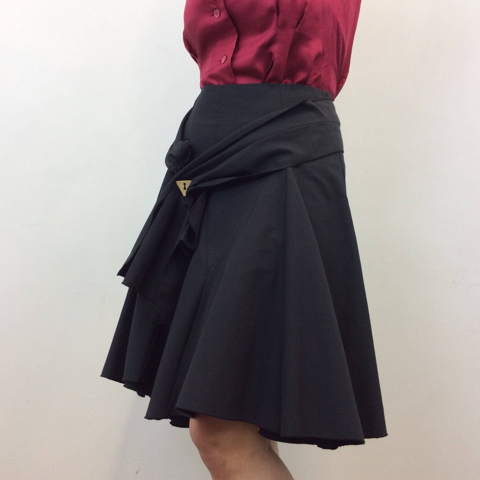 1990s George Lévesque Tiered Knee Length Black Skirt size Medium sold by bohemevintage.com