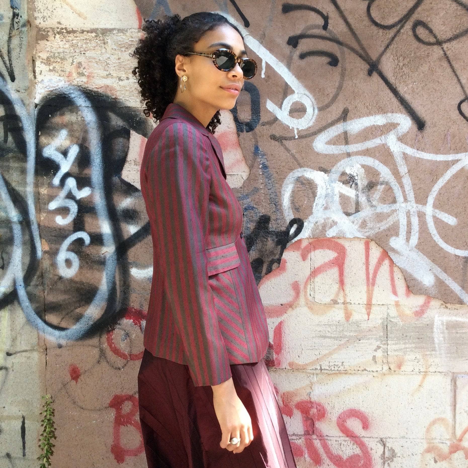 Side view of 1990s Gianfranco Ferré Fitted Striped Blazer Size small / Medium sold by bohemevintage.com