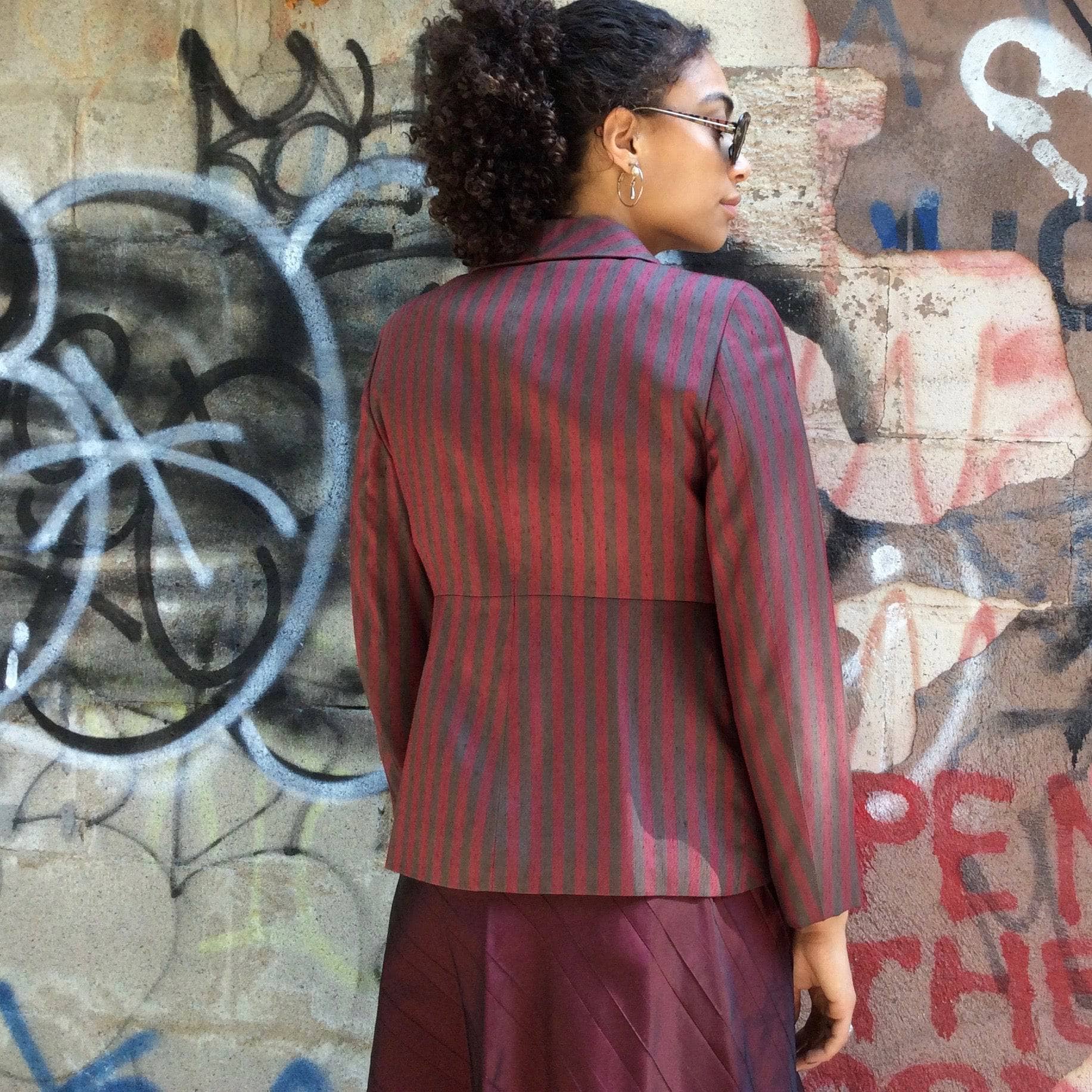 Back view of 1990s Gianfranco Ferré Fitted Striped Blazer Size small / Medium sold by bohemevintage.com