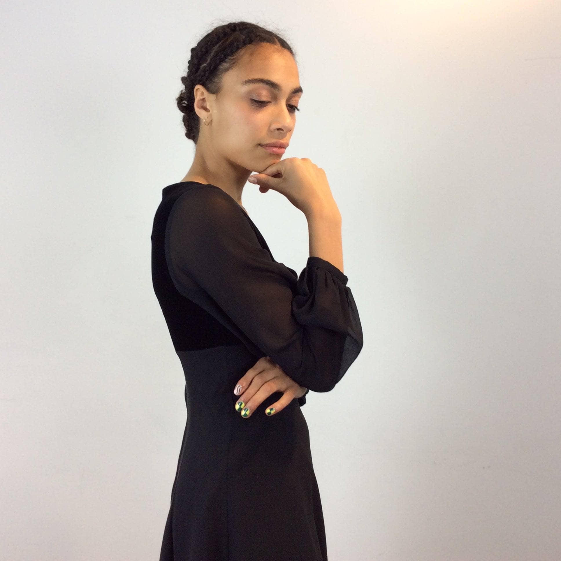 1990s Laura Ashley Long Sleeve Flowy Black silk and velvet Midi Dress size Small, made in the UK