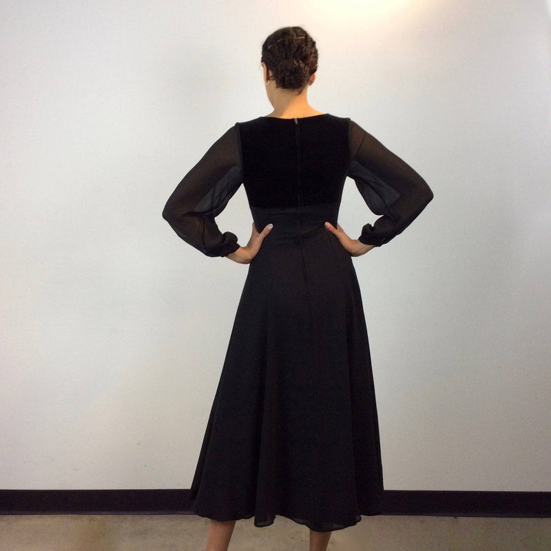 1990s Laura Ashley Long Sleeve Flowy Black silk and velvet Midi Dress size Small, made in the UK