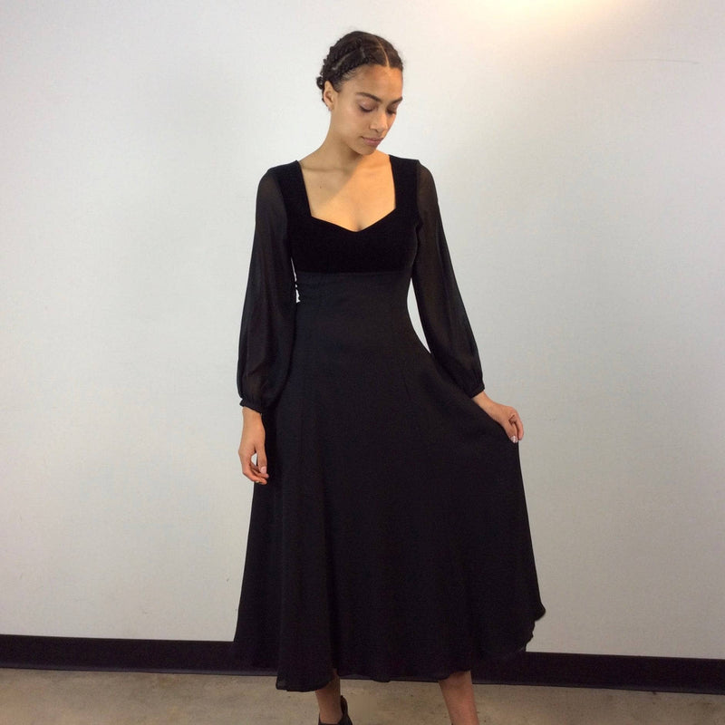 1990s Laura Ashley  Long Sleeve  Flowy Black silk and velvet Midi Dress size Small, made in the UK   