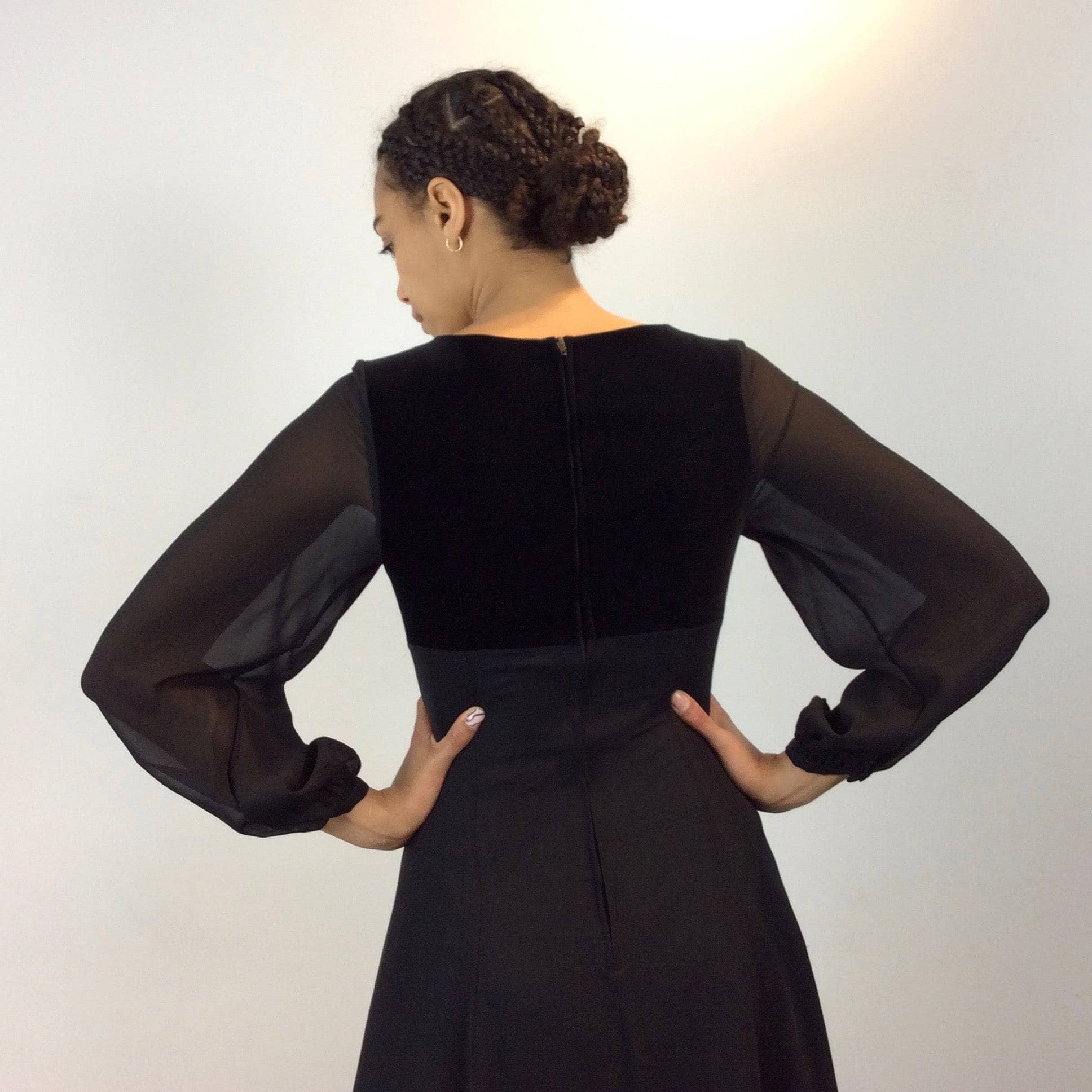 1990s Laura Ashley Long Sleeve Flowy Black silk and velvet Midi Dress size Small, made in the UK