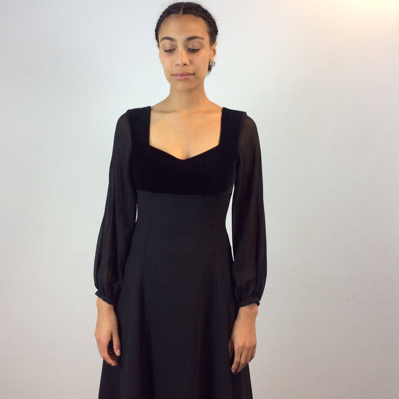 1990s Laura Ashley Long Sleeve Flowy Black silk and velvet Midi Dress size Small, made in the UK