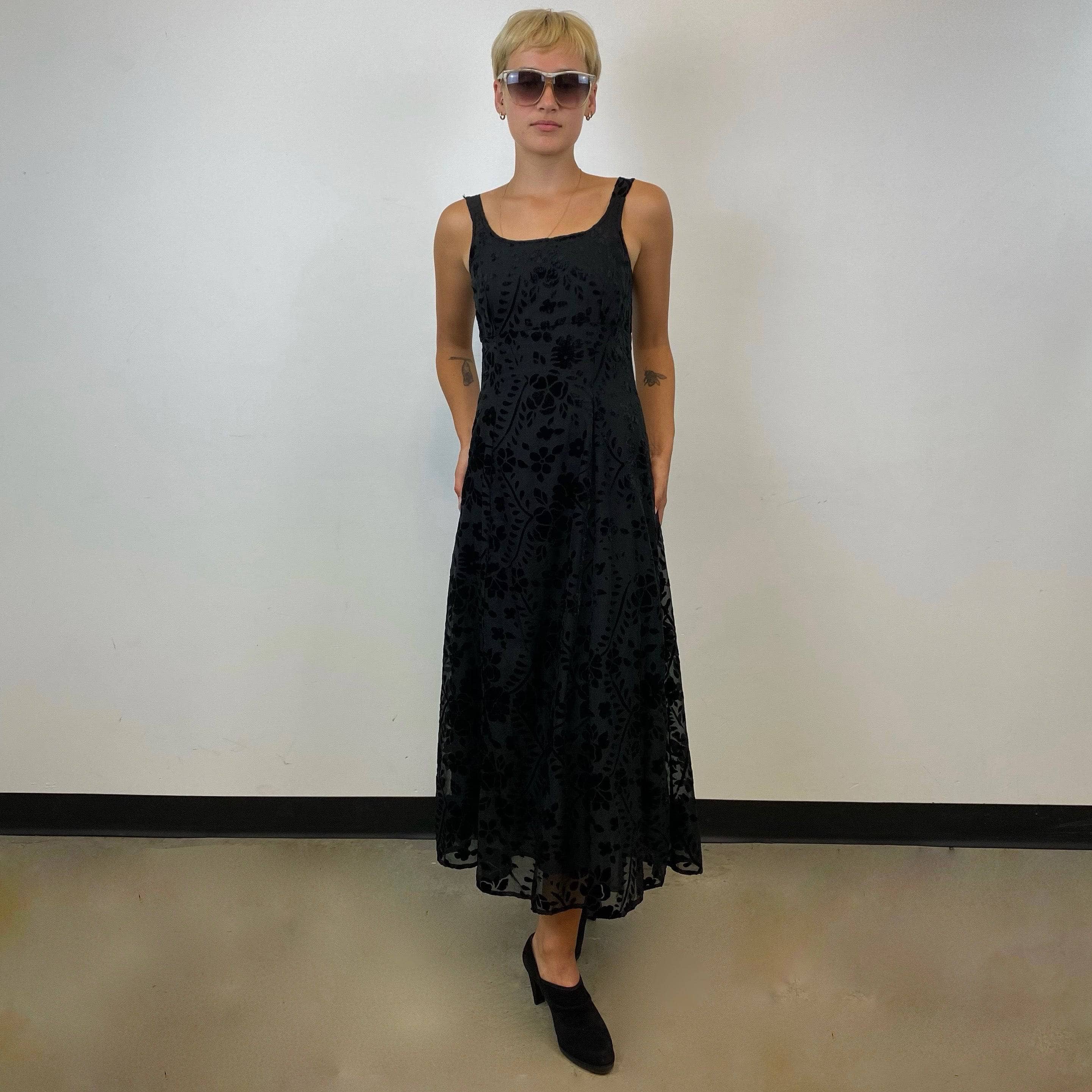 1990s Black Sleeveless Fit and Flare Maxi Dress, empire waist, velvet flockes sheer fabric, size small, Brand Le Chateau