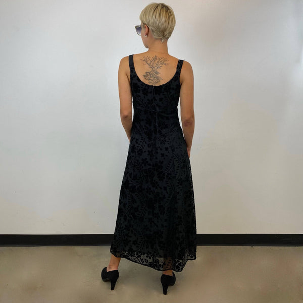 1990s Black Sleeveless Fit and Flare Maxi Dress, empire waist, velvet flockes sheer fabric, size small, Brand Le Chateau