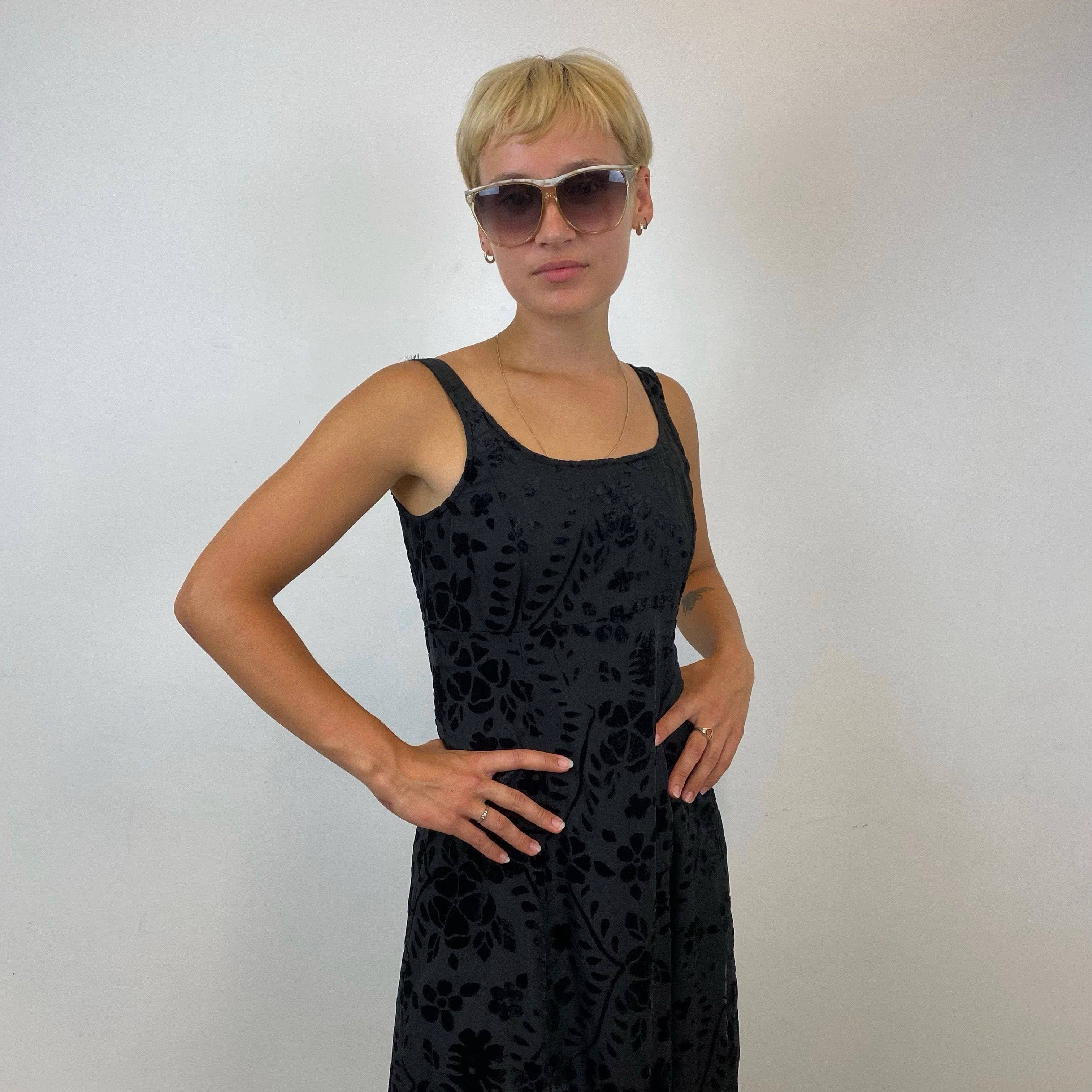 1990s Black Sleeveless Fit and Flare Maxi Dress, empire waist, velvet flockes sheer fabric, size small, Brand Le Chateau