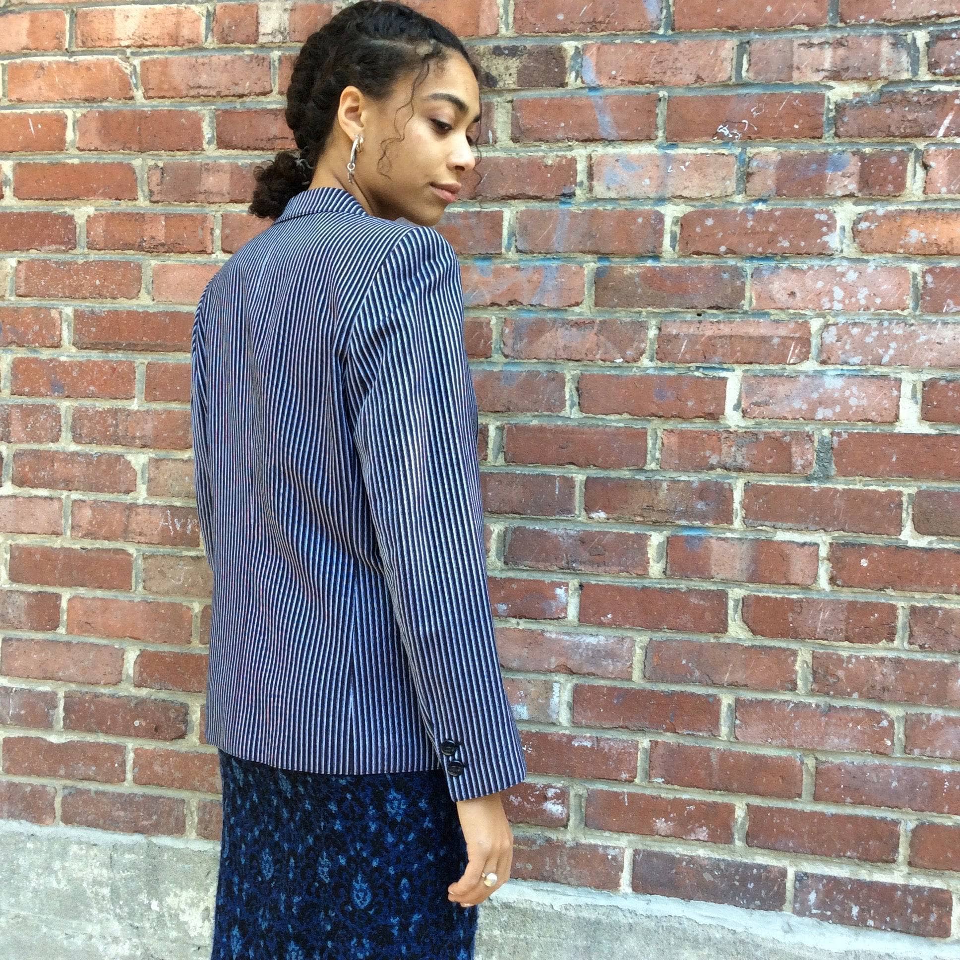 Back view of 1990s Louis Féraud Stripped Cotton Blazer Size Small-Medium sold by bohemevintage.com Montreal