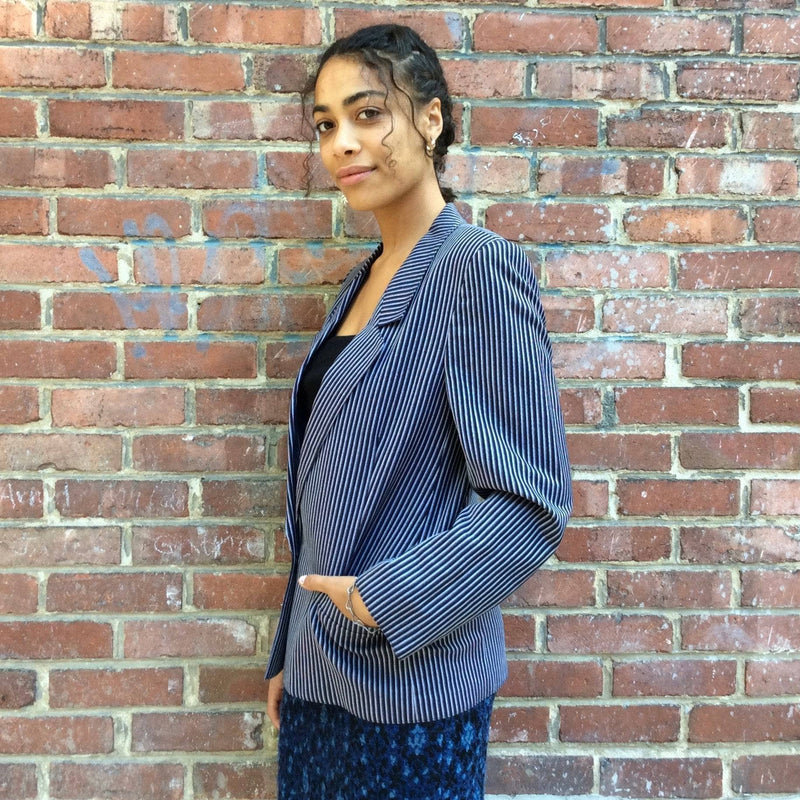 Side view of 1990s Louis Féraud Stripped Cotton Blazer Size Small-Medium sold by bohemevintage.com Montreal
