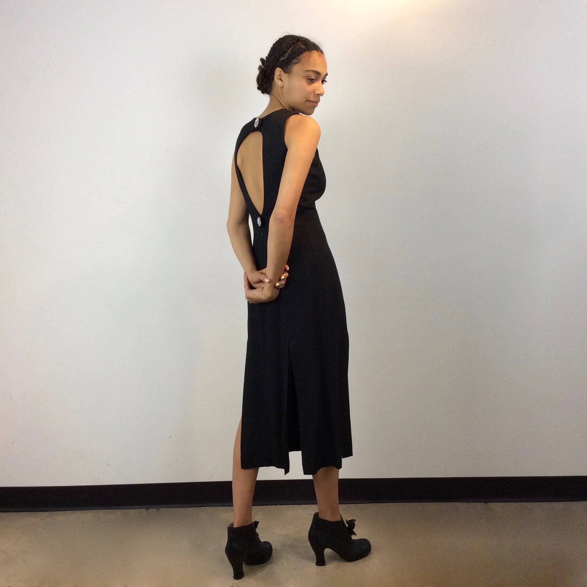 1990s Multiple Slits Open Back Sleeveless Black Midi Dress, size small