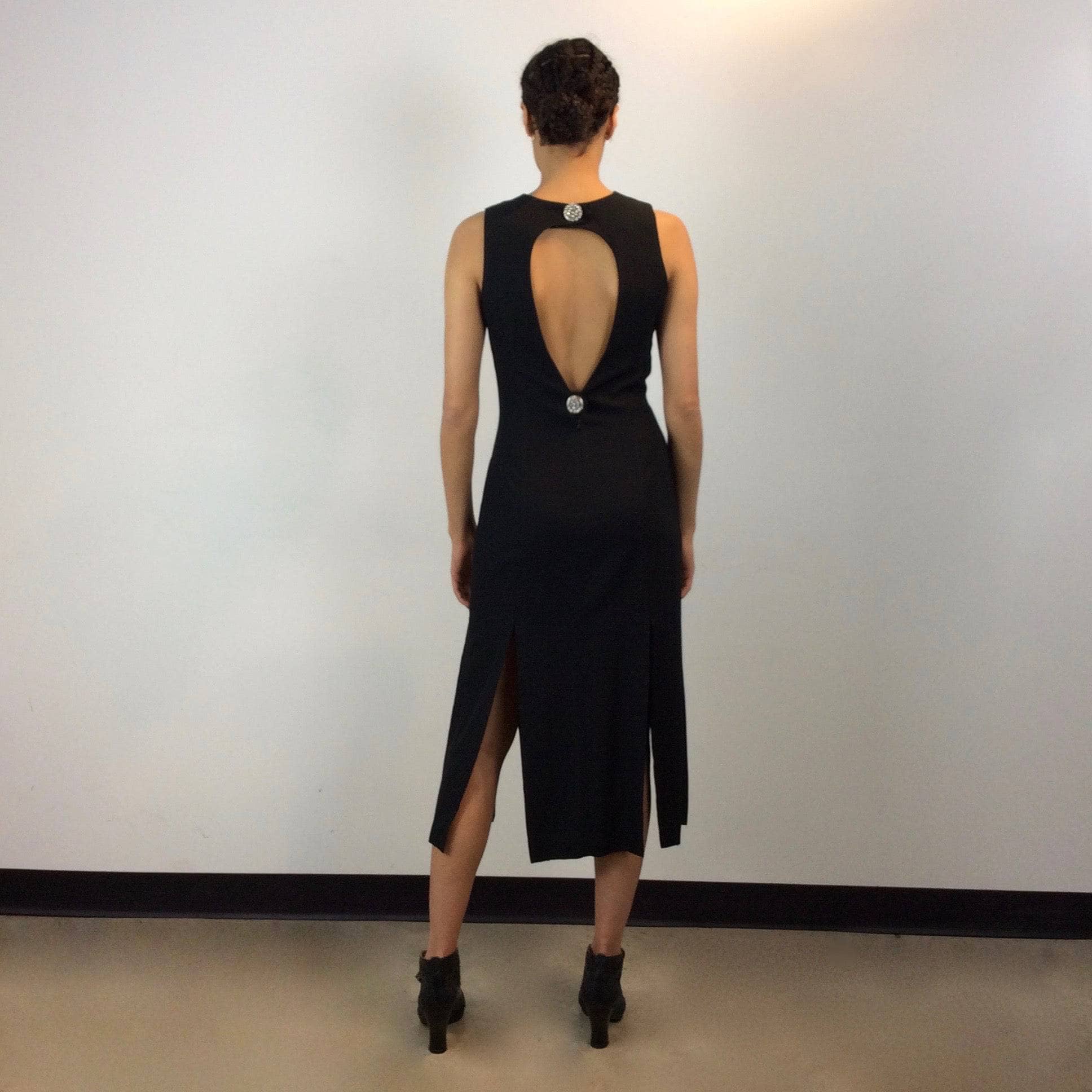 1990s Multiple Slits Open Back Sleeveless Black Midi Dress, size small