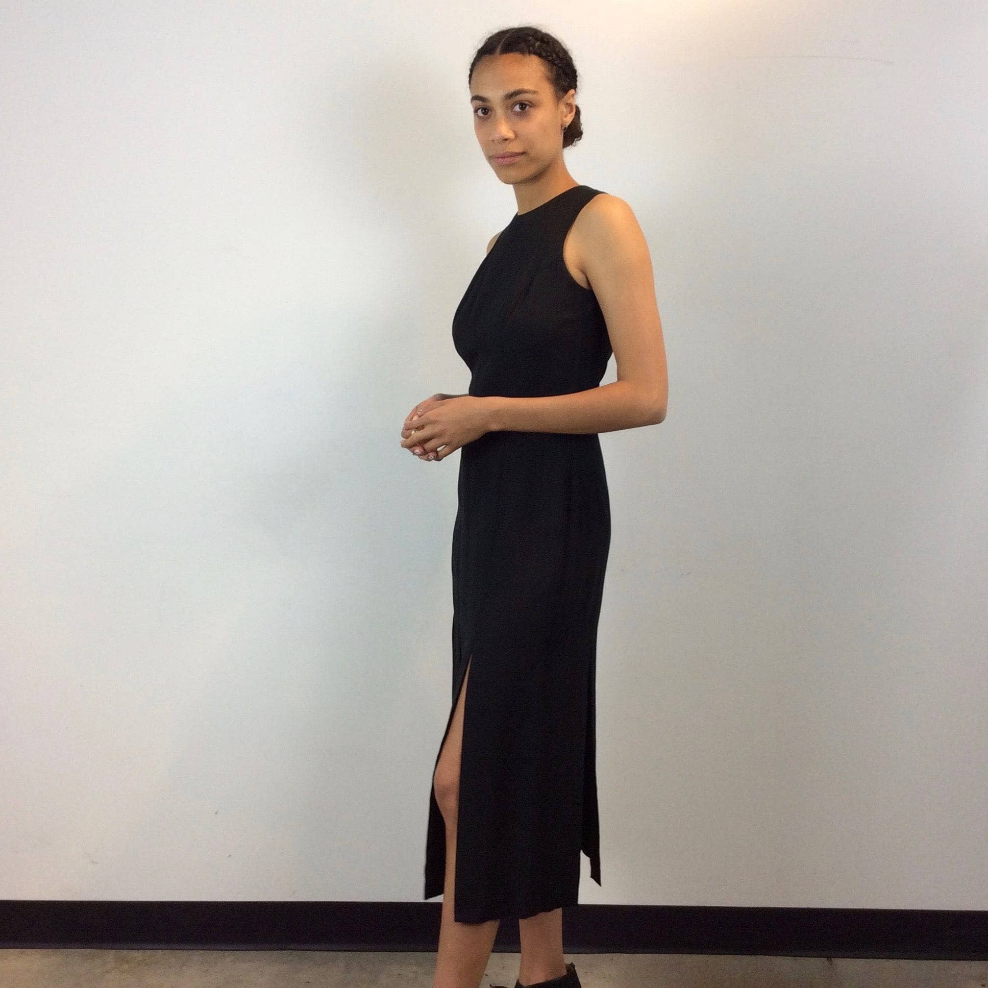 1990s Multiple Slits Open Back Sleeveless Black Midi Dress, size small