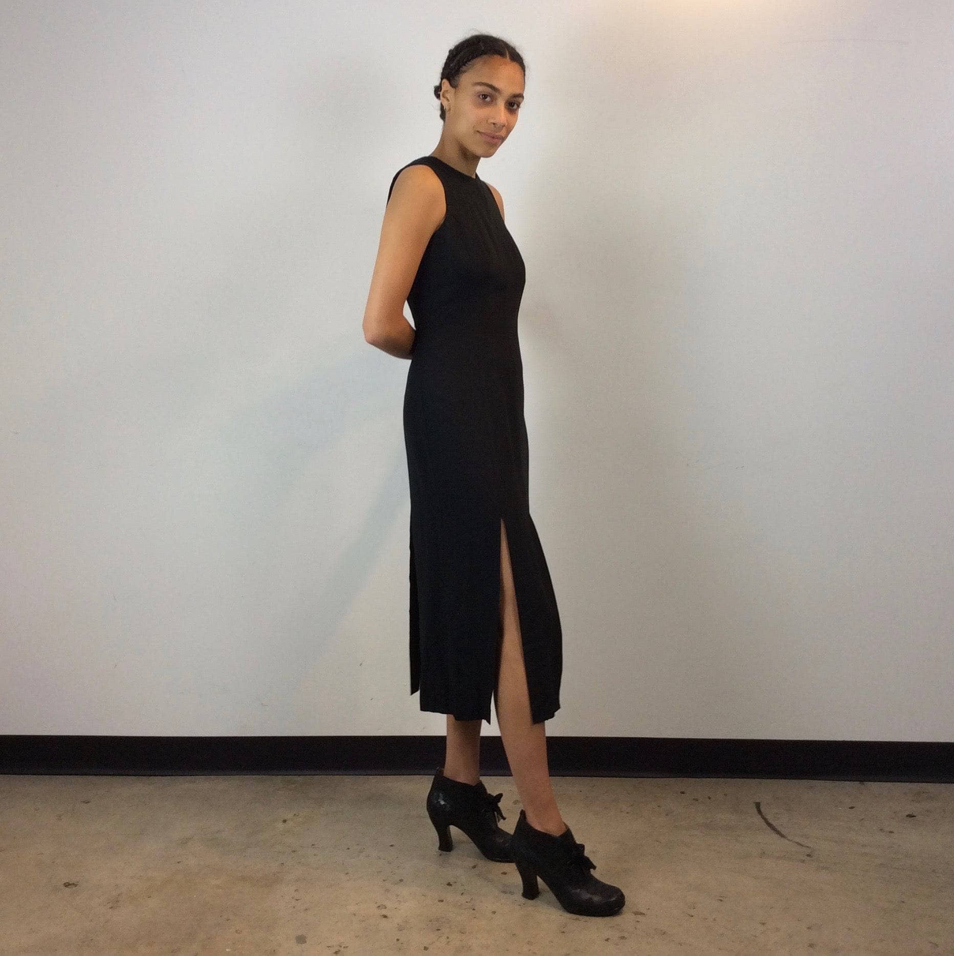1990s Multiple Slits Open Back Sleeveless Black Midi Dress, size small