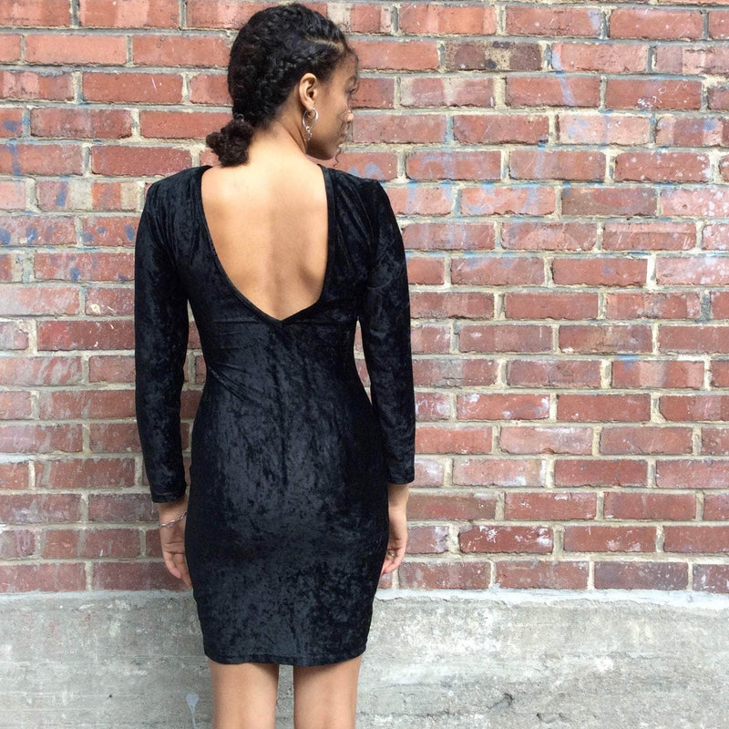 Back View of 1990s Open Back Black Velvet Bodycon Mini Dress Size Small sold at bohemevintage.com Montreal