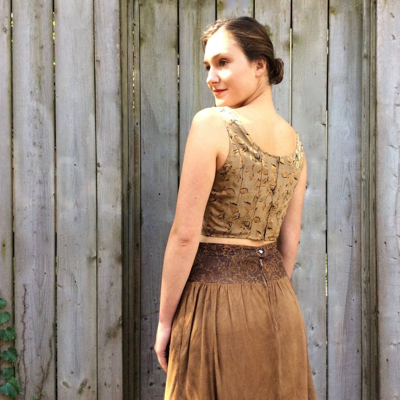 Back View of 1990s "Sirens" Gold Brocade Laced Crop Top size Small, sold by bohemevintage.com Montreal