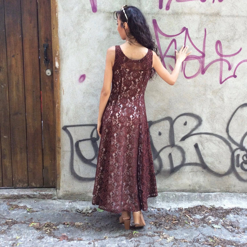 Back View of 1990s Sleeveless Brown Lace Midi-Length Dress Size Small, sold by bohemevintage.com Montreal