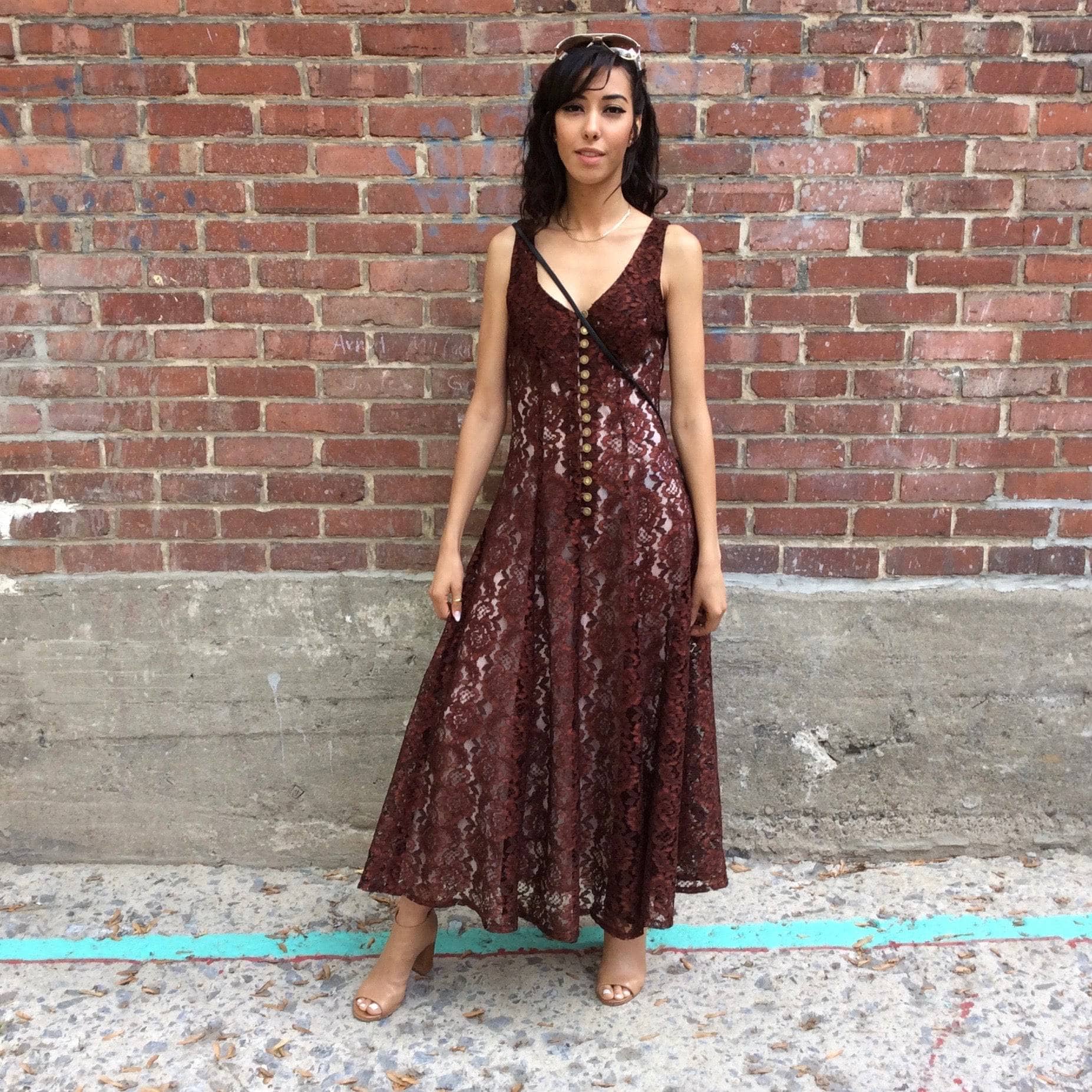 1990s Sleeveless Brown Lace Midi-Length Dress Size Small, sold by bohemevintage.com Montreal