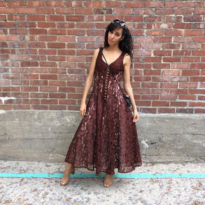 1990s Sleeveless Brown Lace Midi-Length Dress Size Small, sold by bohemevintage.com Montreal