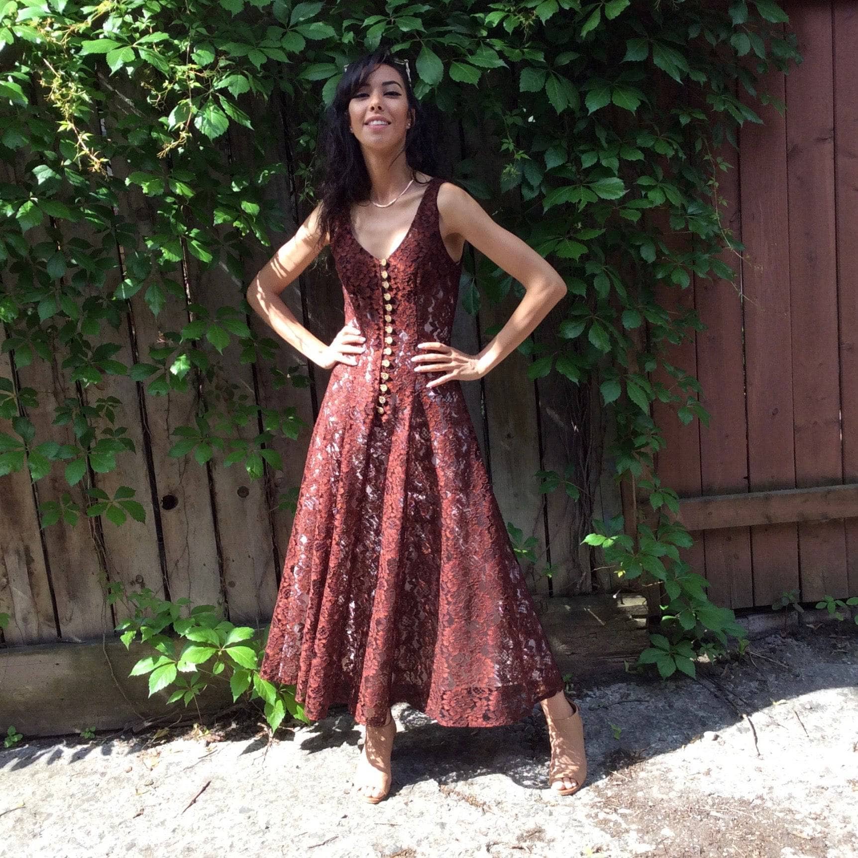 1990s Sleeveless Brown Lace Midi-Length Dress Size Small, sold by bohemevintage.com Montreal