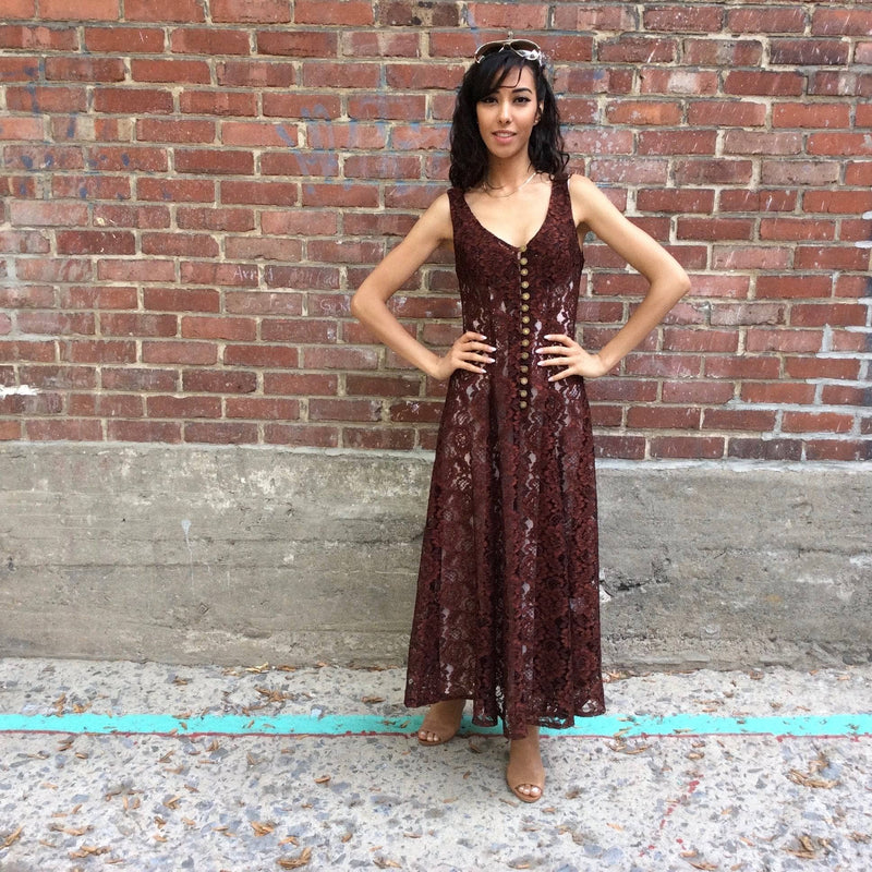 1990s Sleeveless Brown Lace Midi-Length Dress Size Small, sold by bohemevintage.com Montreal
