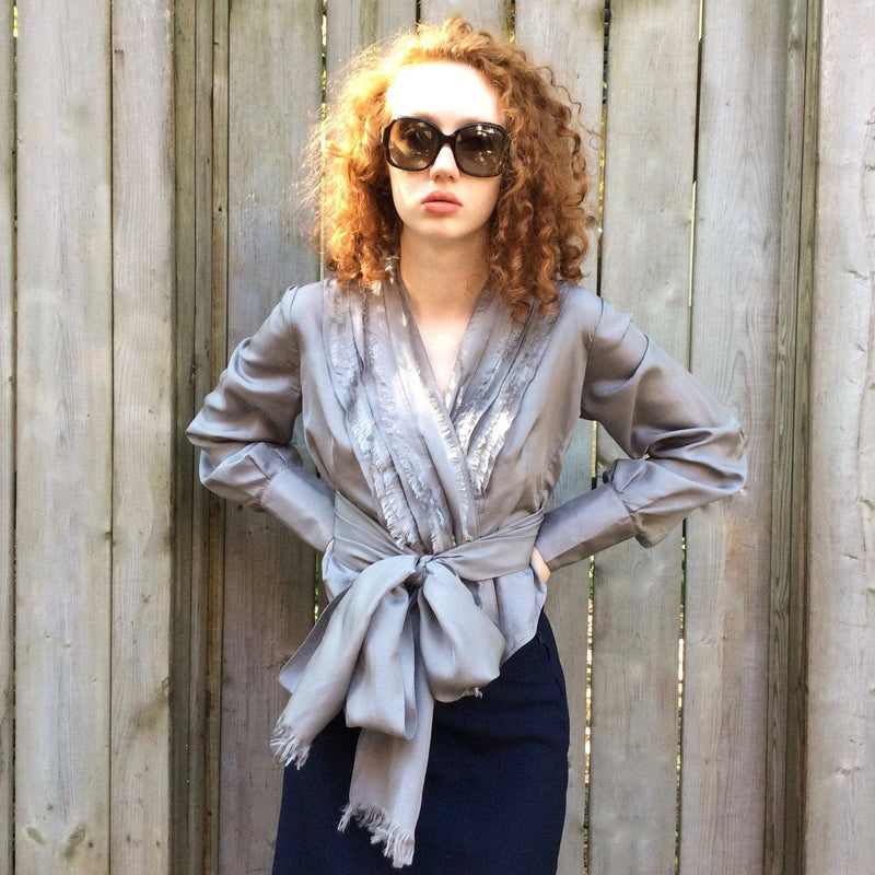 2000s "Andy Thê-Anh" Designer Pearl Grey Silk Wrap Blouse size Small/Medium, sold by bohemevintage.com Montreal