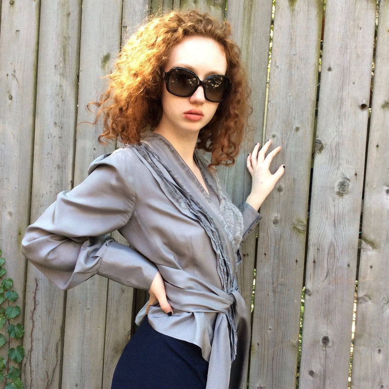 Side View of 2000s "Andy Thê-Anh" Designer Pearl Grey Silk Wrap Blouse size Small/Medium, sold by bohemevintage.com Montreal