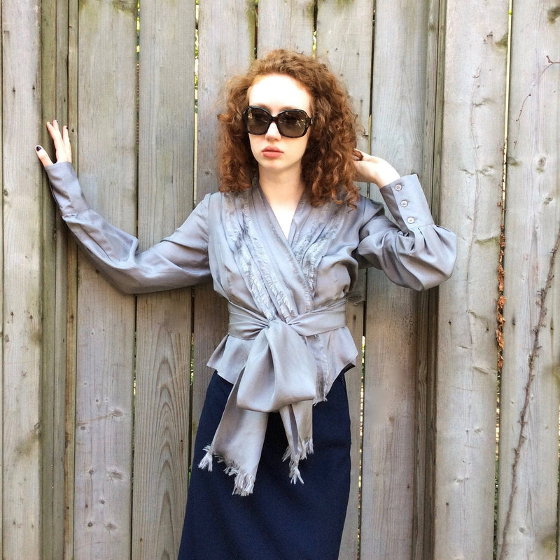 2000s "Andy Thê-Anh" Designer Pearl Grey Silk Wrap Blouse size  Small/Medium, sold by bohemevintage.com Montreal